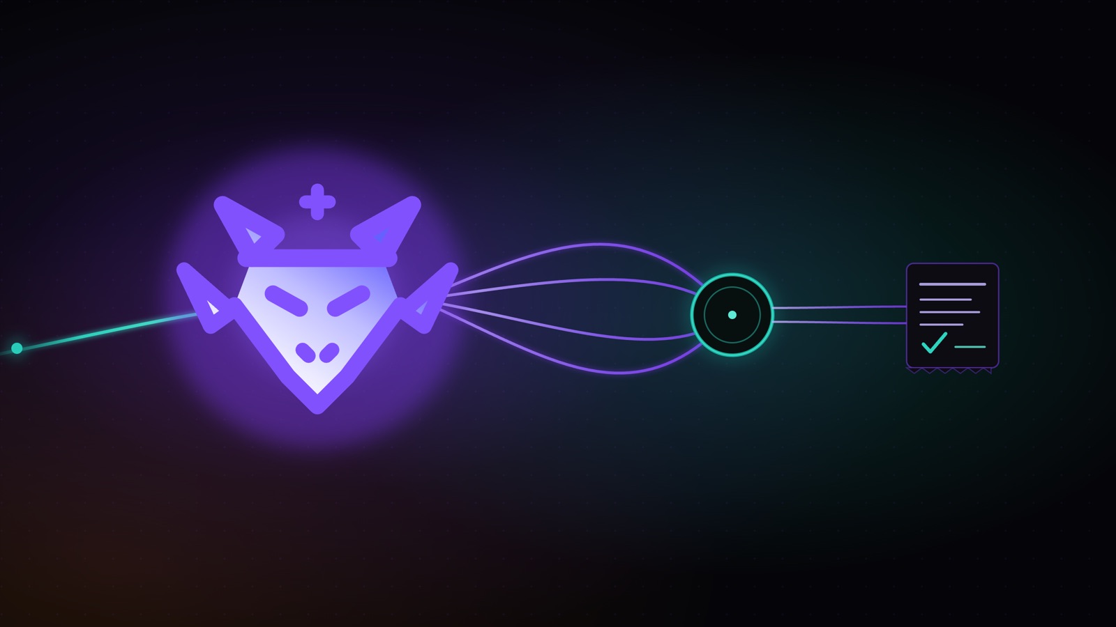 The Familiar as a luminous purple dragon, one teal thread of plain-English ask entering it, orderly purple plan threads fanning out through a glowing teal Seal ring and ending in an approved decision record