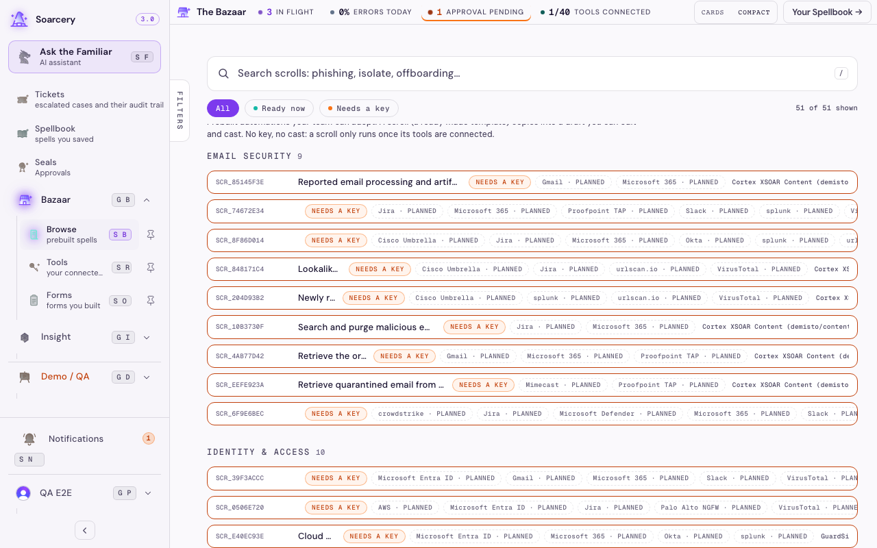The Bazaar catalog of Scrolls with tool requirements and provenance lines.