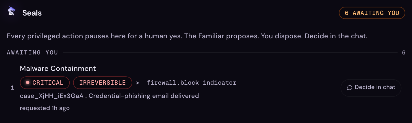 The Soarcery Seal queue: a high-blast-radius Spell the Familiar planned, paused for an explicit human approval before it runs